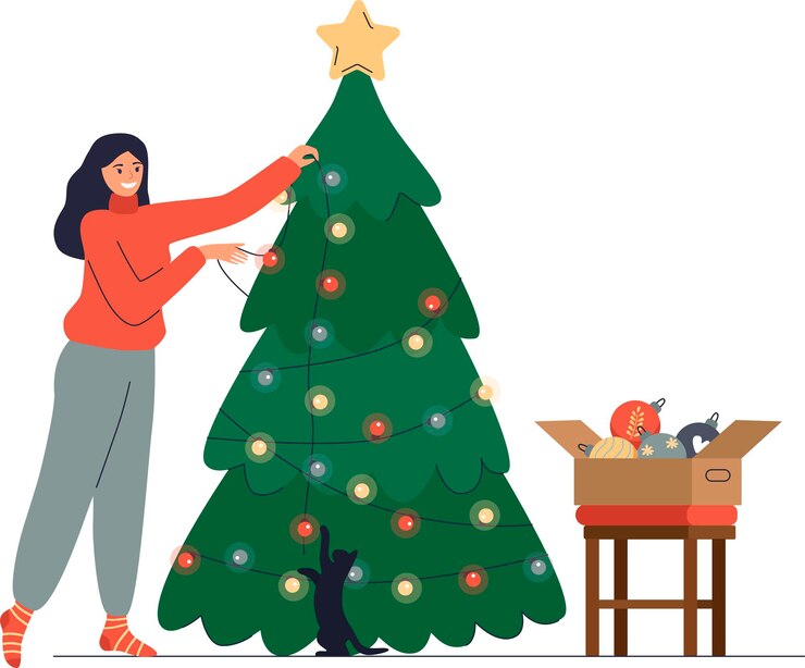 Vector happy young woman decorating christmas tree vector flat illustration cat playing with garland