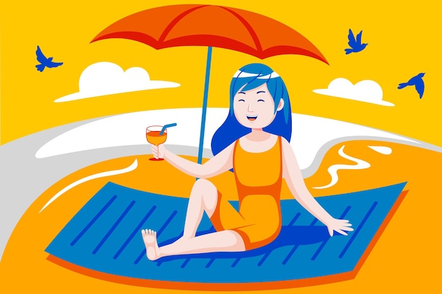 Vector happy young woman enjoy drinking at the beach.