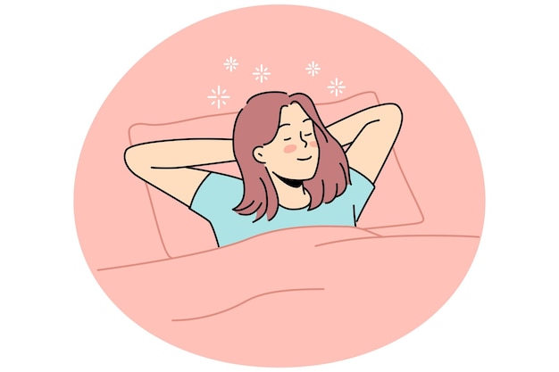 Vector happy young woman lying in bed sleeping smiling girl relax in bedroom dreaming or napping relaxation and comfort vector illustration