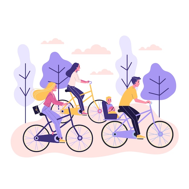 Vettore felice giovane donna e uomo andare in bicicletta vista laterale. stile di vita sano e attivo. ragazza sulla bici. illustrazione in stile cartone animato