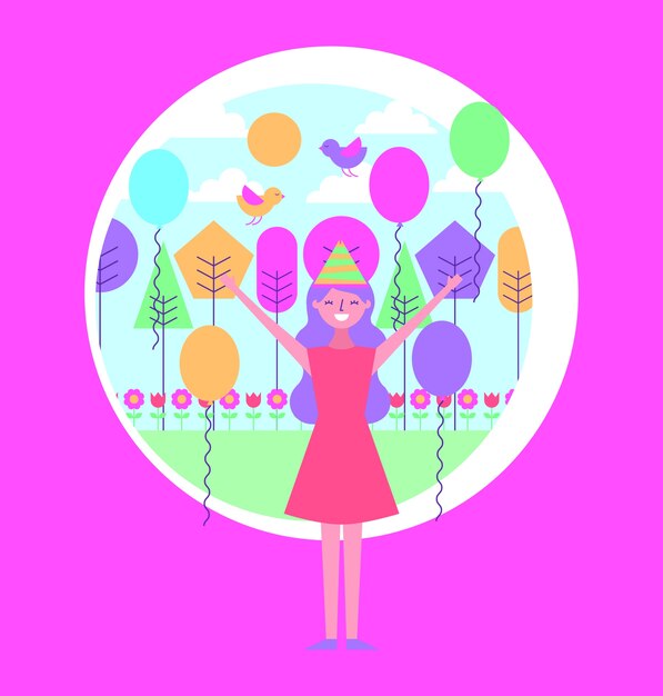 Vector happy young woman party hat balloons in the park