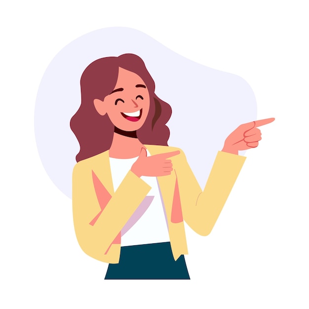 Vector happy young woman pointing with her hand and smiling secretary or businesswoman making a statement