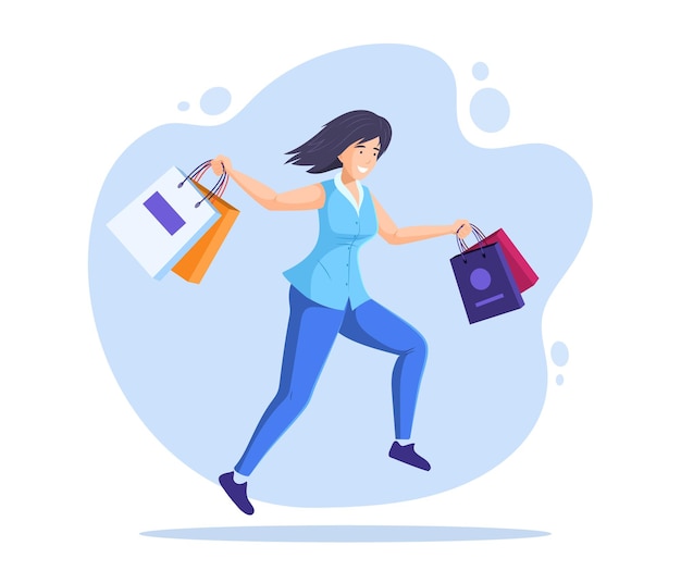 Vector happy young woman running for sale with shopping bags