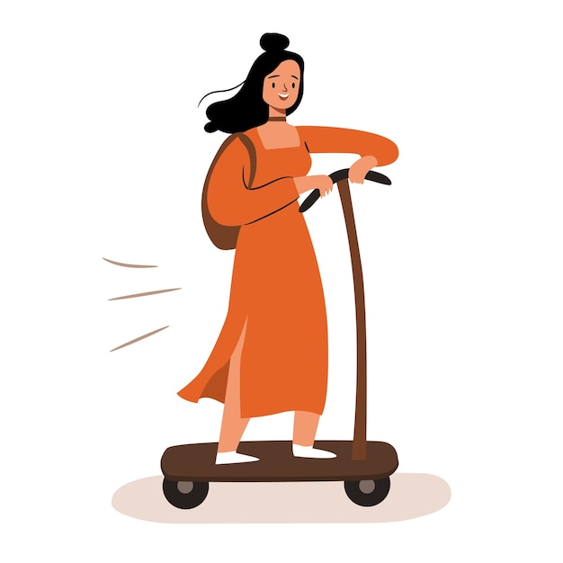 Vector happy young woman on scooter escooter and kickscooter for rent hand drawn flat vector illustration