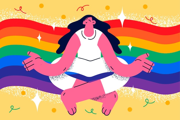 Happy young woman sit in lotus pose meditate practice yoga with rainbow on background. Calm female feel relaxed joyful, have good emotional and mental health. Flat vector illustration.