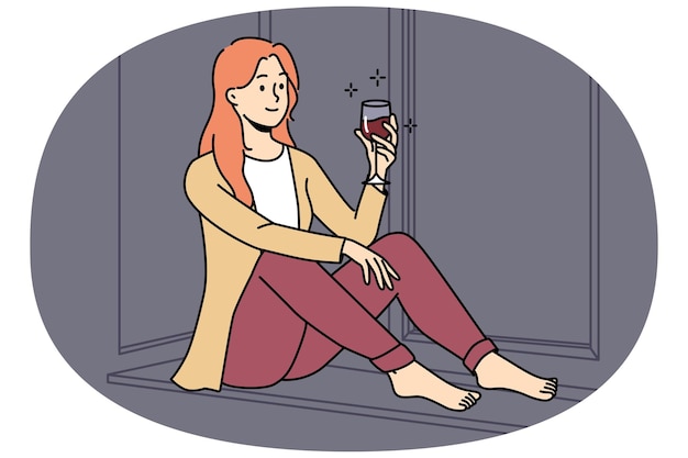 Happy young woman sit on windowsill at home relax with glass of red wine Smiling girl rest indoors on weekend with drink Relaxation Vector illustration