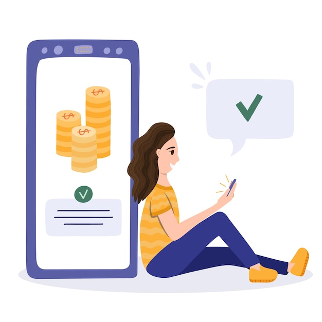 Happy young woman sitting leaning on big phone holding mobile with with successfully completed epayment process Concept of mobile banking paying for services online finances and technology
