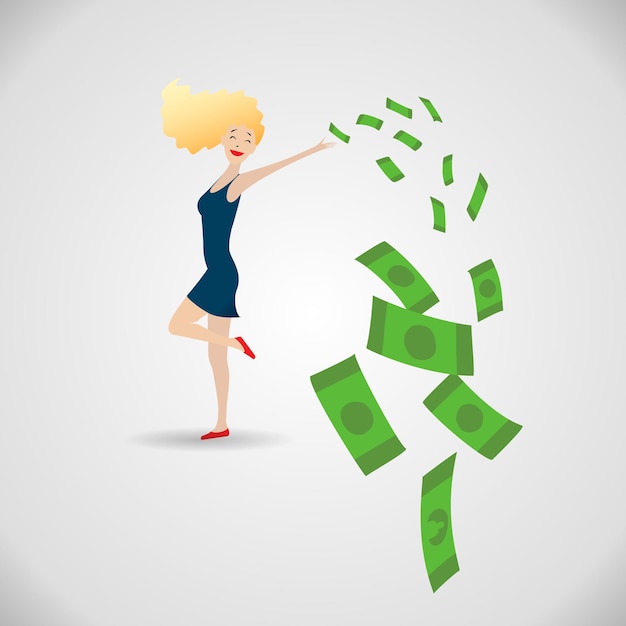 Vector happy young woman surrounded by green money