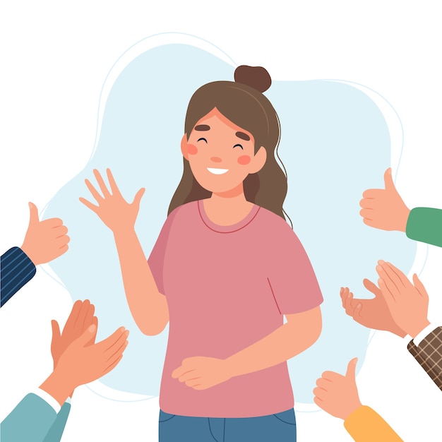 Vector happy young woman surrounded by hands with thumbs up and applauding