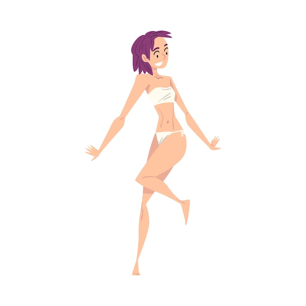 Vector happy young woman in white bikini dancing at swimming pool party cartoon style vector illustration on white background