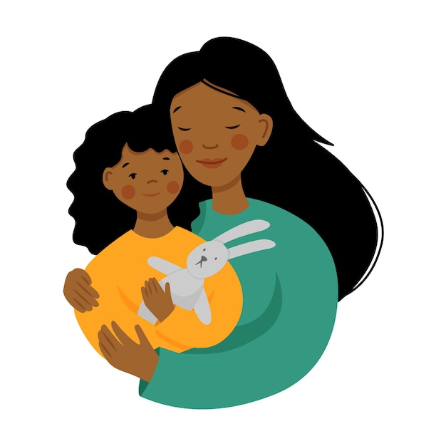 Vector happy young woman with baby black african american mother and daughter in flat style