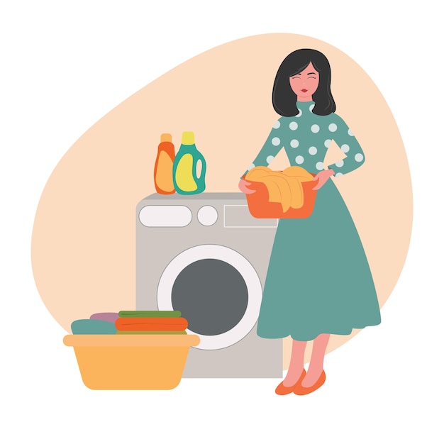 Happy young woman with clothes near washing machine flat vector, woman with laundry flat vector