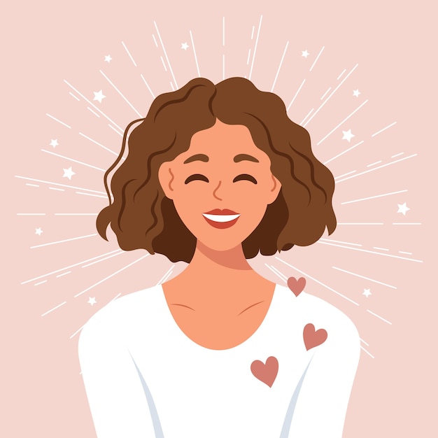 Vector happy young woman with hearts mental health banner love yourself self love concept illustration
