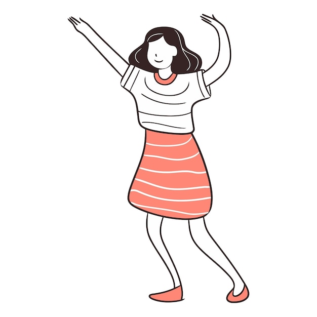 Happy young woman with raised hands in doodle style