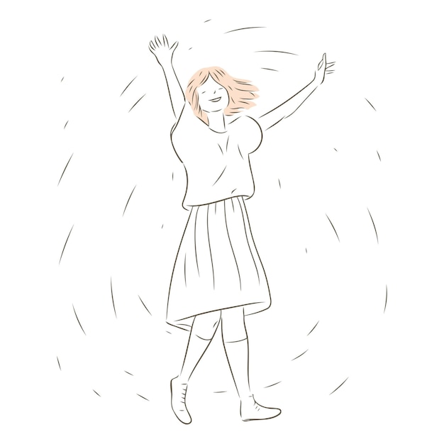 Happy young woman with raised hands in sketch style