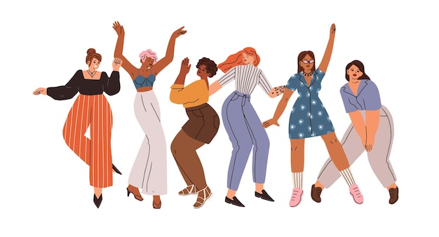 Happy young women dancing together. Diverse fashion girls dancers. Dance, fun and joy of modern energetic excited female friends. Flat graphic vector illustration isolated on white background.