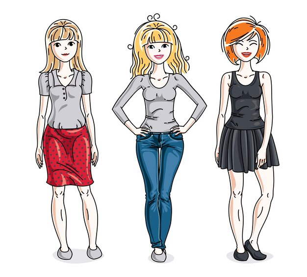 Vettore gruppo di giovani donne felici in piedi indossando abiti casual alla moda. insieme di illustrazioni di persone di diversità di vettore.