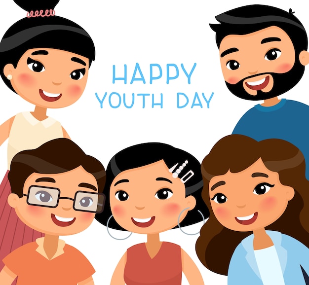 Happy youth day. cinque giovani donne asiatiche e giovani amici.