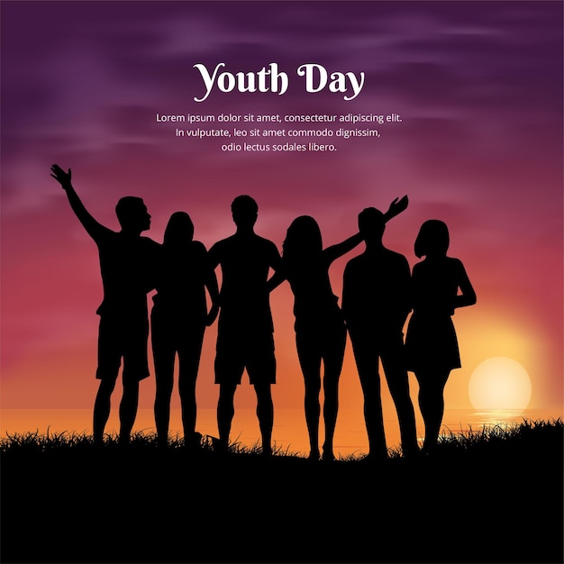 Happy youth pledge day design met jeugdsilhouet en zonsondergangachtergrond celebration youth pledge