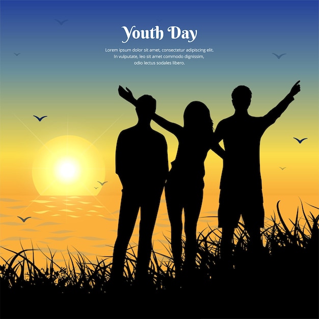 Vector happy youth pledge day design vector illustration youth silhouette and sunset background