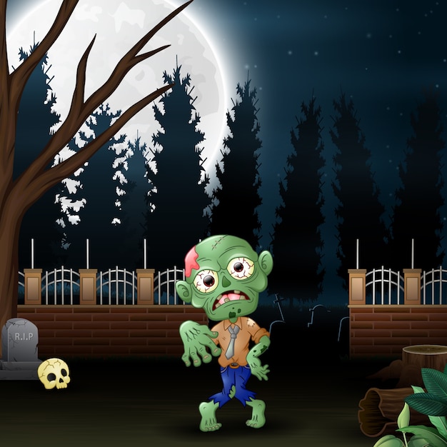 Вектор Счастливый зомби в саду ночью
