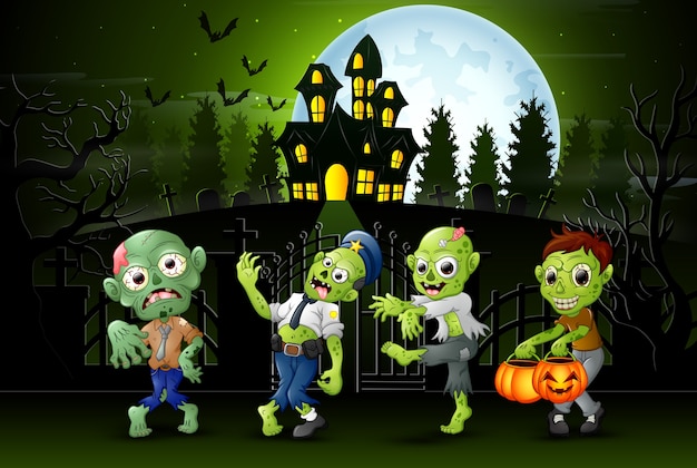 Vector happy zombie kids outdoors with haunted house background