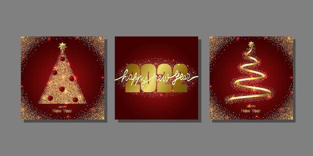 Hapy New Year cards set with gold abstract christmas trees