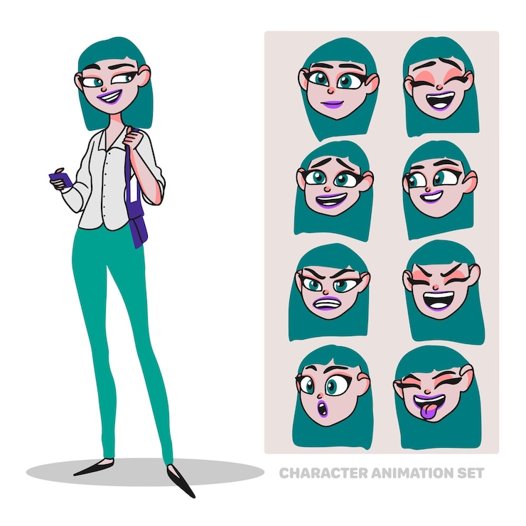 Vector haracter animation set young woman full length in office clothes with a bag and a phone creating people with emotions