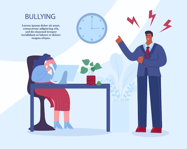 Harassing at work. angry boss yells at the employee. woman sitting and crying .vector illustration with place for your text.