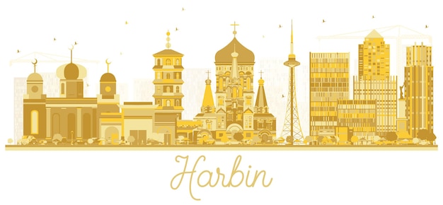 Siluetta dorata dell'orizzonte della città di harbin cina. illustrazione vettoriale. semplice concetto piatto per presentazione turistica, banner, cartellone o sito web. concetto di viaggio d'affari. paesaggio urbano di harbin con punti di riferimento.