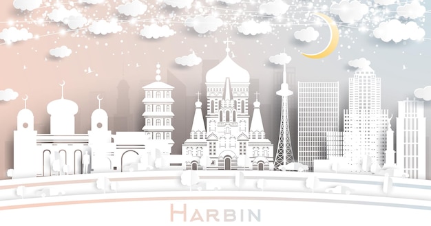 Harbin China City Skyline в стиле вырезки из бумаги с белыми зданиями, луной и неоновой гирляндой