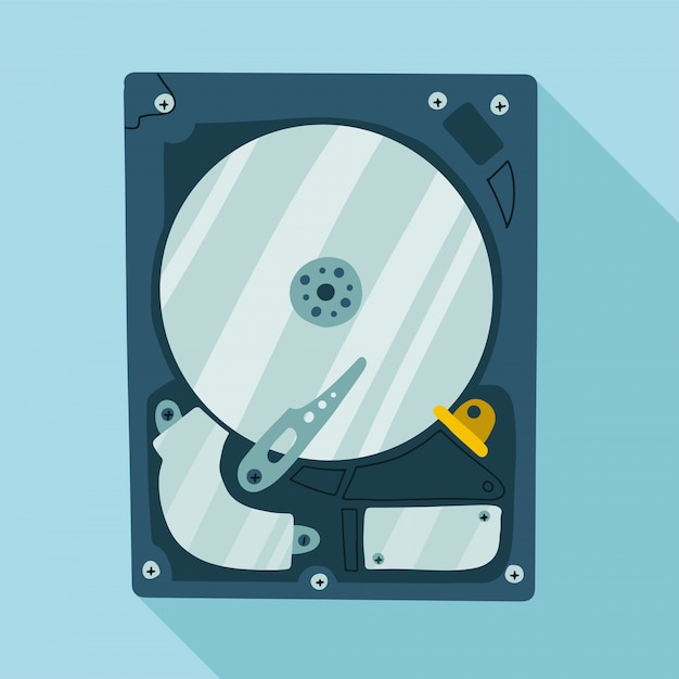 Vector hard disk internal computer flat  illlustration with shadow. pc equipment top view
