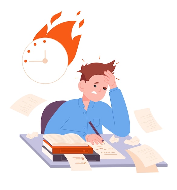 Hard exam preparation Scared student prepare school test college assignment stress exams hurry studying worried schoolboy night knowledge education splendid vector illustration