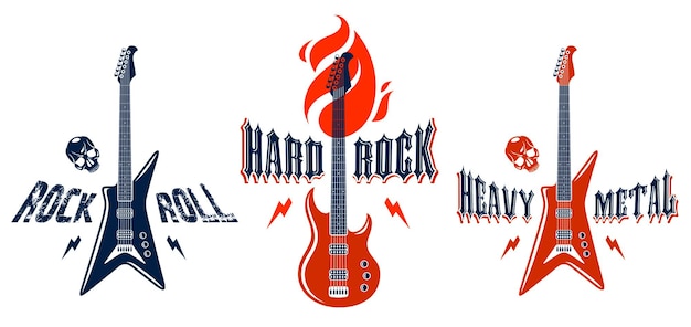 Emblemi hard rock con set di loghi vettoriali per chitarra elettrica, etichette per festival di concerti o night club, illustrazioni a tema musicale, negozio di chitarre o stampa t-shirt, insegna di rock band con tipografia elegante.