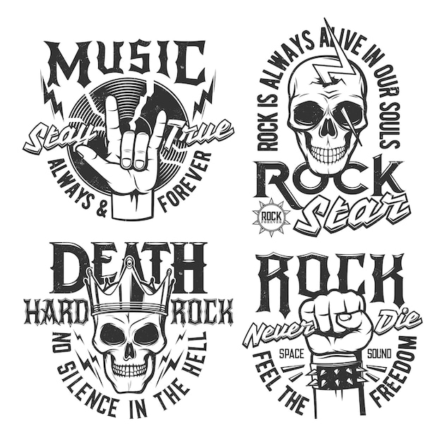 Hard rock skull t-shirt prints, rock music concert vector icons and badges. Hard rock music festival and rocker club emblems with skull in crown, fist and vinyl disc, thunderbolt lighting and slogans