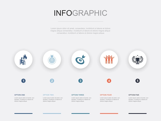 Duro lavoro obiettivo obiettivo successo ricompensa icone infografica modello di progettazione del layout concetto di presentazione creativa con 5 passaggi