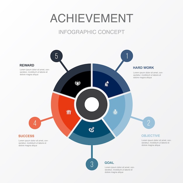 열심히 목표 목표 성공 보상 아이콘 인포 그래픽 디자인 템플릿 5단계 크리에이 티브 개념