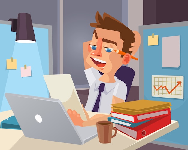 hard work. tired office worker character.  flat cartoon illustration
