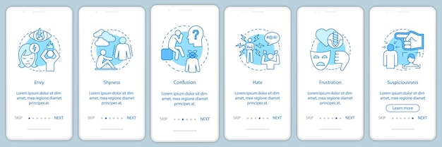 Harde gevoelens aan boord van mobiele app-paginaschermvectorsjabloon. Afgunst, verlegenheid, verwarring, haat, frustratie. Doorloop websitestappen met lineaire illustraties. UX, UI smartphone-interfaceconcept
