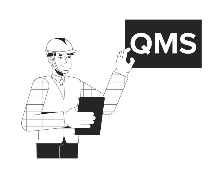 Vector hardhat worker explaining quality management system black and white 2d line character
