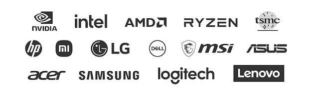 Vector hardware computer company logotype set nvidia intel amd ryzen samsung hp dell xiaomi tsmc lg msi lenovo acer asus and logitech vector editorial isolated icon rivne ukraine march 29 2023