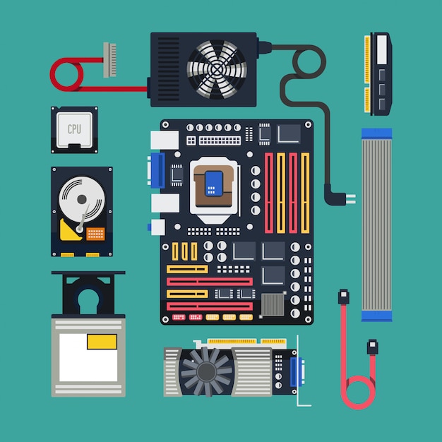 Parts of computer and PC hardware components in outline collection set.  Labeled elements for device and peripherals assembly vector illustration.  Build custom electronics with motherboard, ram and CPU Stock Vector