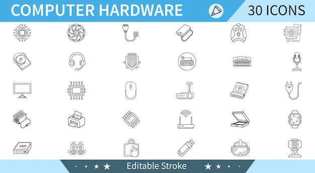 Hardware lijn iconen set Peripherals Interne onderdelen Accessoires en meer