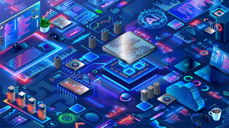 Vector hardware and software computer technology background isometric elements of development engineering electronics systems and devices design programming or coding of microcontrollers or chips