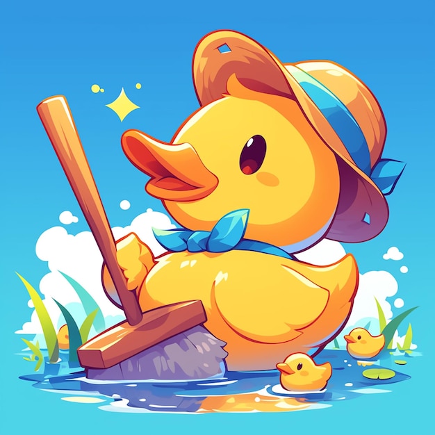 A hardworking duck laundry worker cartoon style