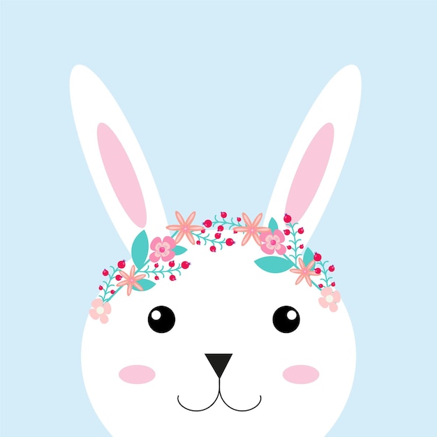 Hare on a blue background wearing a flower wreath vector illustration