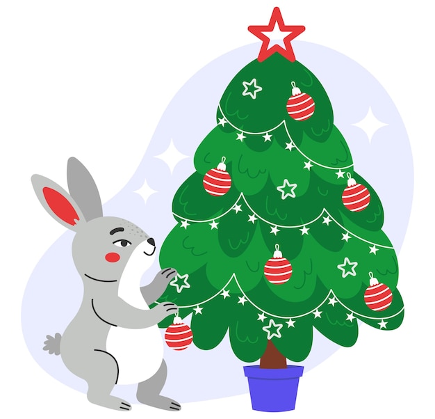 The hare preparing for Christmas. Cute rabbit decorates the Christmas tree.