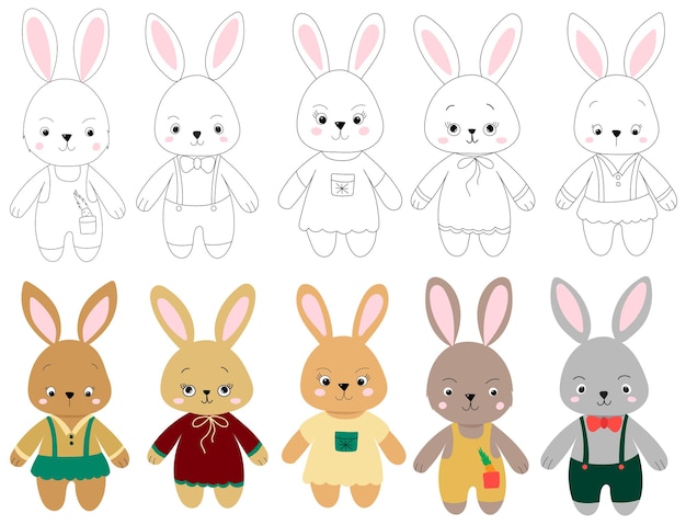 Hare rabbit character set on white background isolated vector