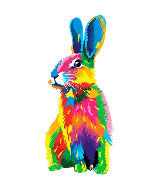 Vettore coniglio lepre da vernici multicolori spruzzata di disegno colorato ad acquerello realistico