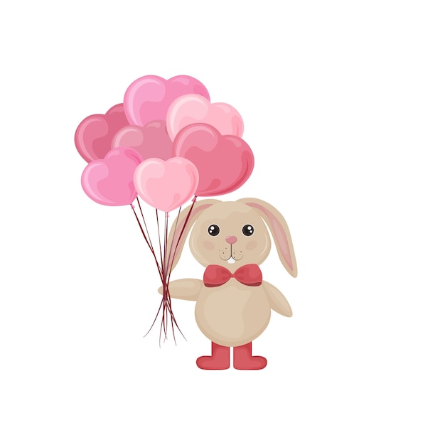 Vector a hare with balloons cute smiling rabbit with balloons in the form of hearts cartoon bunny wishes ha